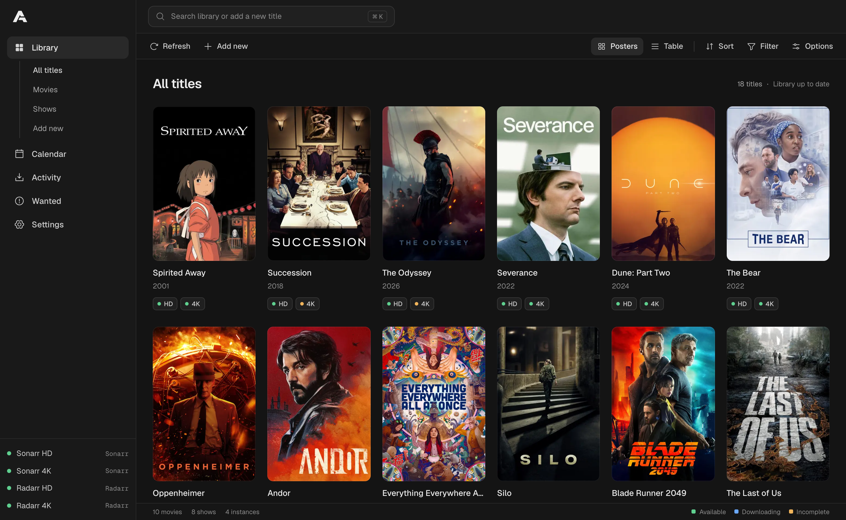 Arrsenal's library in poster view, showing movies and shows from four Sonarr and Radarr instances with HD and 4K availability on every title